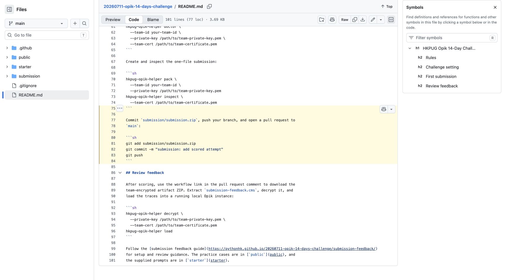 GitHub README lines showing the helper pack command and git commands used to push submission.zip